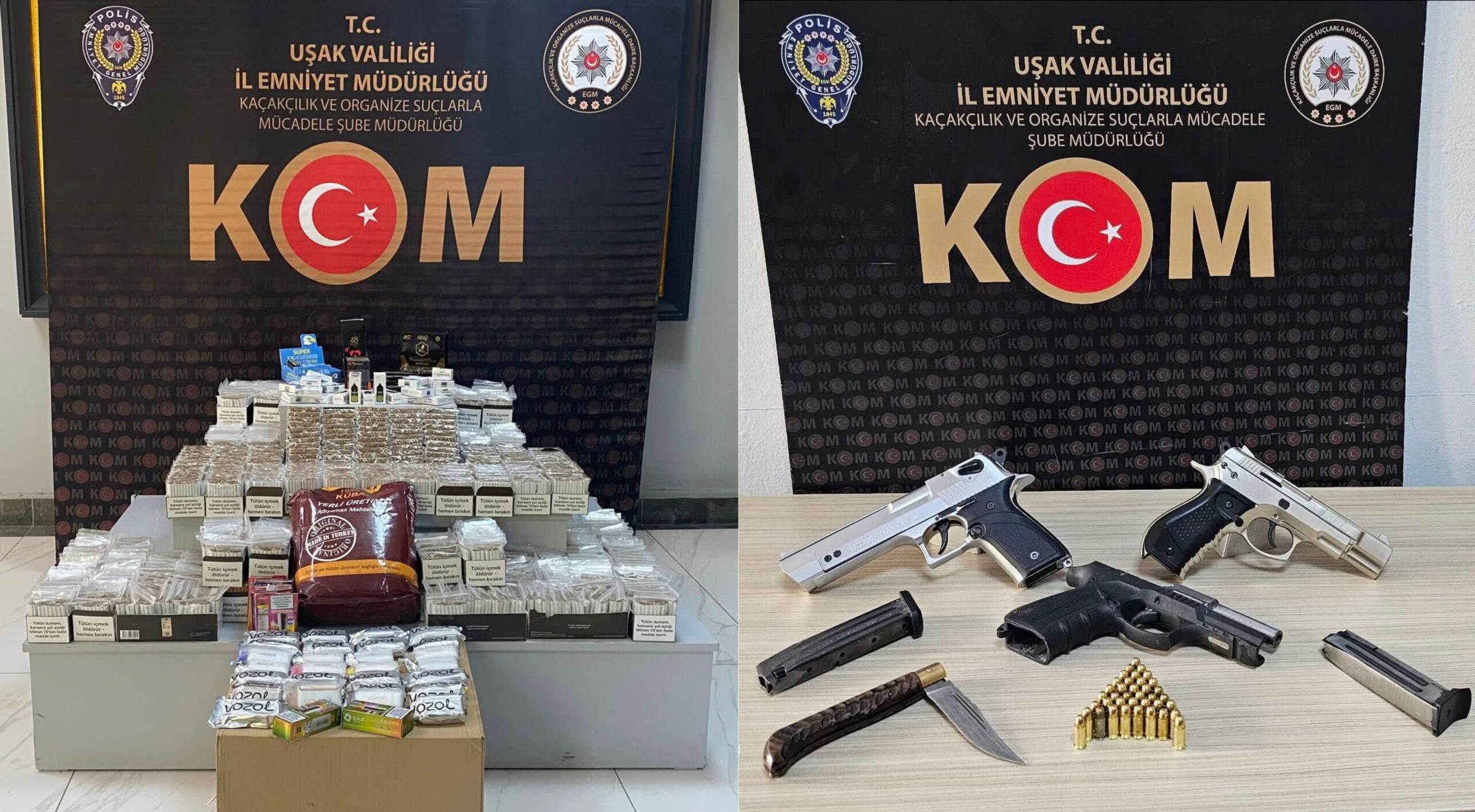 Uşak’ta kaçakçılık operasyonları: Binlerce makaron, Silah ve tütün ürünleri ele geçirildi